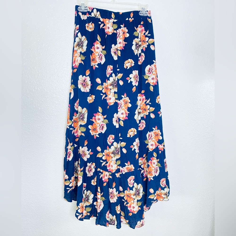 🍓 Sopranos NEW Sweet Talk Boho Floral High Low Ruffle Hem Navy Skirt Small